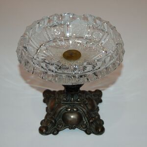 VINTAGE L&L BRASS PEDESTAL CUT GLASS #8303 ASHTRAY DISH COMPOTE 5.5" REGENCY
